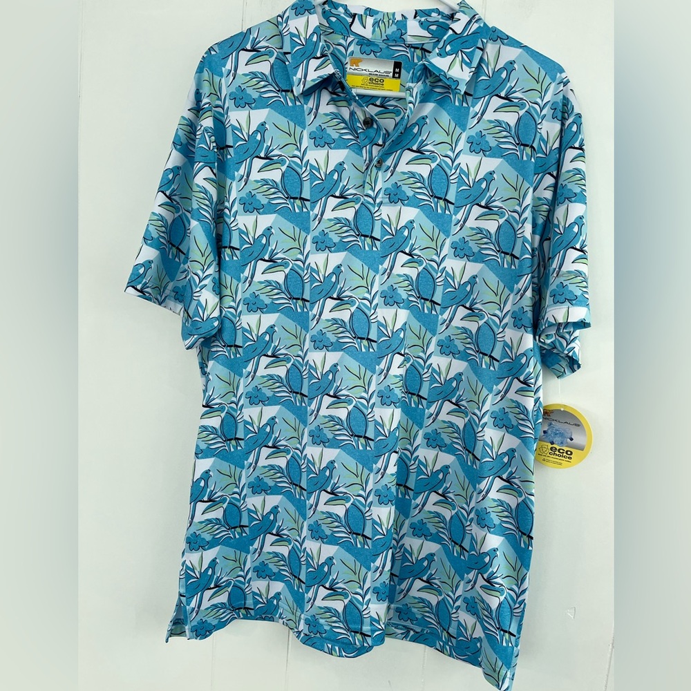 NEW Nicklaus Eco Choice Golf Polo Blue Floral Men’s Polo Shirt Size Medium